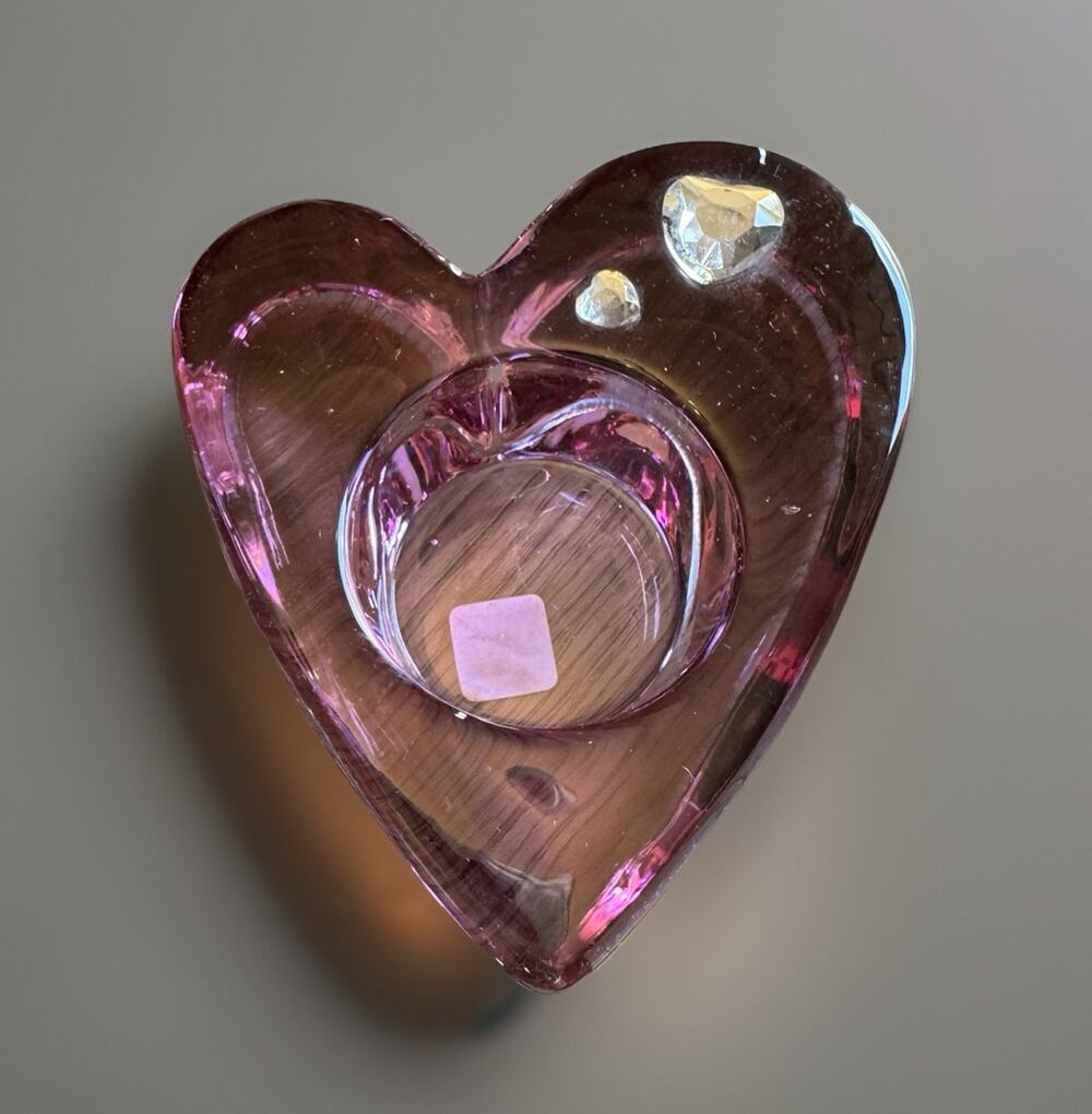 Retired PartyLite Purple Passion Heavy Glass Candle Holders Heart Shape Jeweled